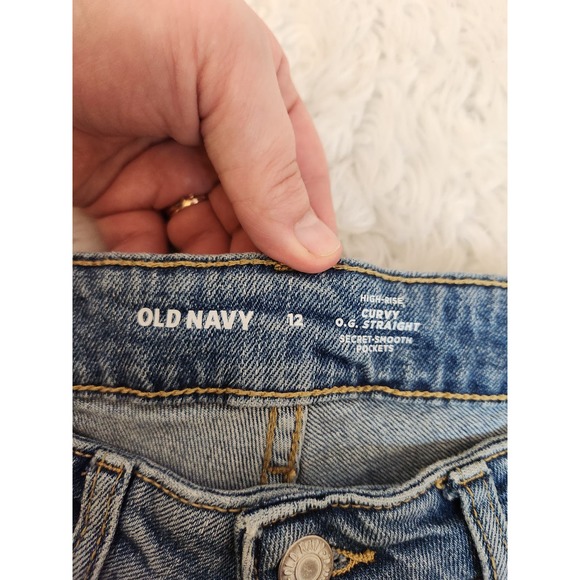 Old Navy Women's Blue High Rise Cotton Distressed Curvy Straight Leg Jeans Sz 12 - Picture 3 of 7